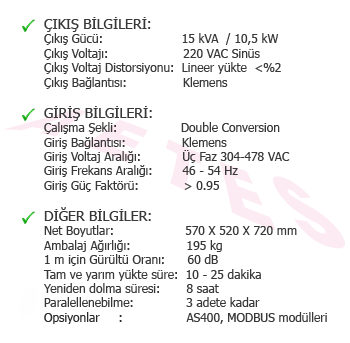 15 kVA UPS Teknik Özellikler